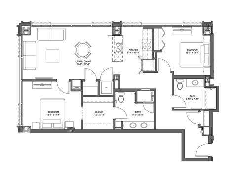 Floor plan for 2 beds, 2 baths, 1162 sqft